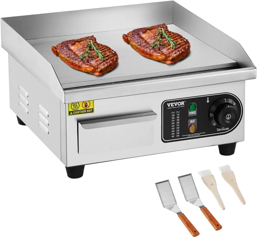 VEVOR Commercial Electric Griddle, 1700W Countertop Flat Top Grill, 122℉-572 ℉ Adjustable Temp, 14.17 x 11.81 x 0.39in Stainless Steel Griddle Grill with 2 Shovels and 2 Brushes for Home or Restaurant