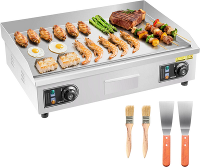 VEVOR Commercial Electric Griddle, 25.79 x 15.75 inch, 2800W, 122-570°F Adjustable Temp Control, Stainless Steel Body, Full Flat, with 2 Spatulas, 2 Brushes, and 4 Foot Pads, for Steak, Pancake