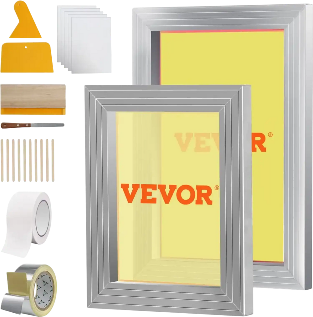 VEVOR Screen Printing Kit, 2 Pieces Aluminum Silk Screen Printing Frames 8x10/10x14in 110 Count Mesh, 2 Tapes and Screen Printing Squeegees and Transparency Films for T-shirts DIY Printing