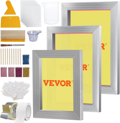 VEVOR Screen Printing Kit, 3 PCS Aluminum Silk Screen Printing Frames, 5 Glitters and Screen Printing Squeegees and Transparency Films, 6x10/8x12/10x14inch 110 Count Mesh,  for DIY T-shirts Printing