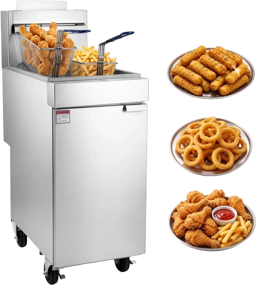 VEVOR Commercial Propane Deep Fryer 90,000 BTU with 2 Baskets, 3-Tube Burner Fryer, Stainless Steel Floor Standing Deep Fryers Cart, 40 lbs Capacity for Restaurants