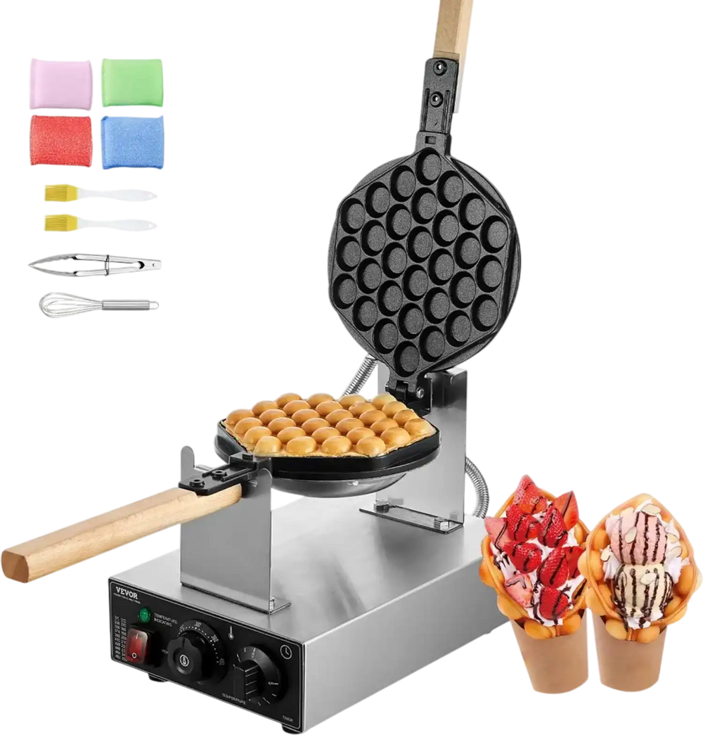 VEVOR Commercial Bubble Waffle Maker, 1400W Egg Pancake Baker Machine, Non-Stick Stainless Steel Egg Bubble Puff, 180° Rotatable, Temp and Time Control, Wooden Handle, for Restaurant Bakery Snack Bar