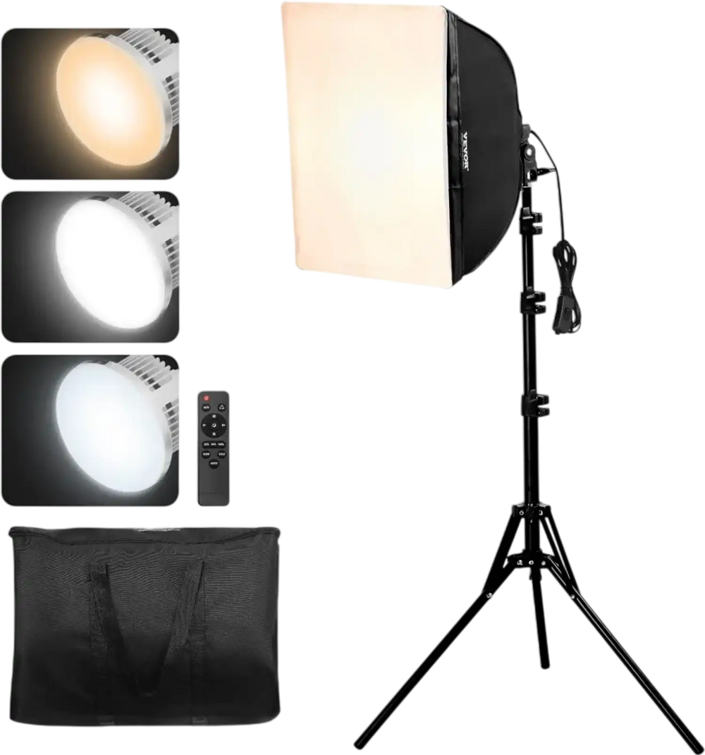 VEVOR Softbox Lighting Kit, 16" x 16", Professional Softbox with 45W LED Bulbs, 3000-6500K Adjustable Color Temperature, Tripod Stand, Studio Lights for Photography, Vedio Recording, Live Streaming
