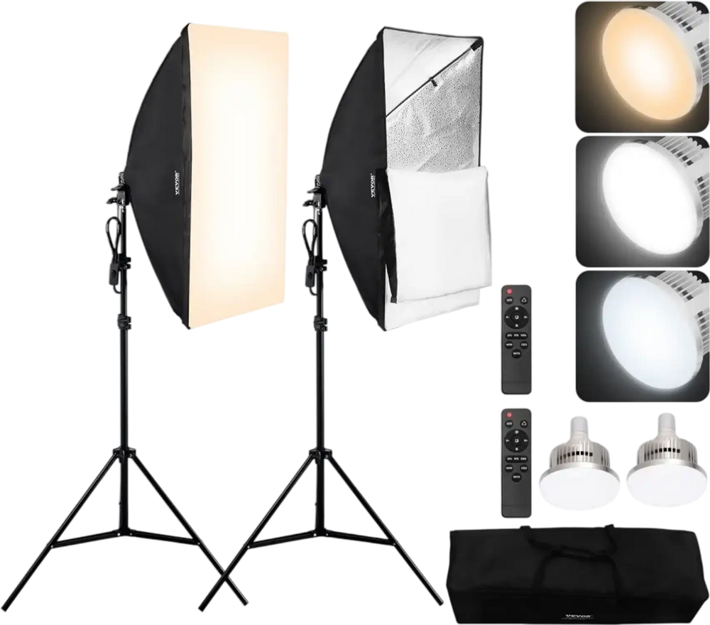 VEVOR Softbox Lighting Kit, 20" x 28", Professional Softbox with 45W 3000-6500K LED Bulbs, 3 Continuous Lighting Effects, Tripod Stand, Remote Control, Studio Lights for Portrait shooting, Live Streaming