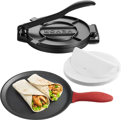 VEVOR Tortilla Press, 8 Inch Cast Iron Tortilla and Roti Maker, Heavy Duty Tortilladora Press, Pataconera Makers with Handle and 100 Pcs Parchment Paper, Dough Taco Press for Flour Tortilla, Tawa