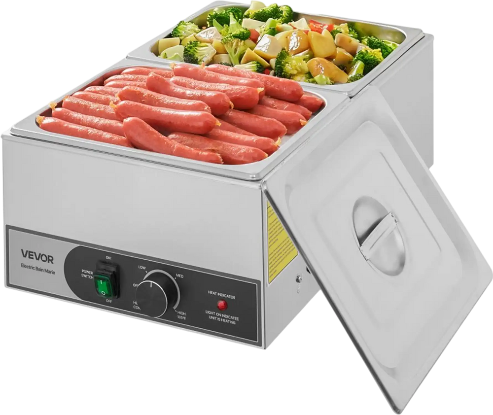 VEVOR Commercial Food Warmer, 1200W Electric Stainless Steel Steam Food Warmer, Fast Heating Countertop Buffet Bain Marie with Two 1/2 Size Food Pans, for Catering, Restaurants, Parties & Buffets