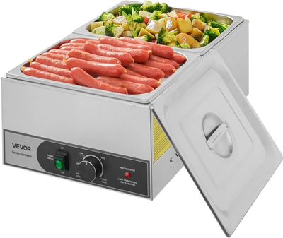 VEVOR Commercial Food Warmer, 1200W Electric Stainless Steel Steam Food Warmer, Fast Heating Countertop Buffet Bain Marie with Two 1/2 Size Food Pans, for Catering, Restaurants, Parties & Buffets