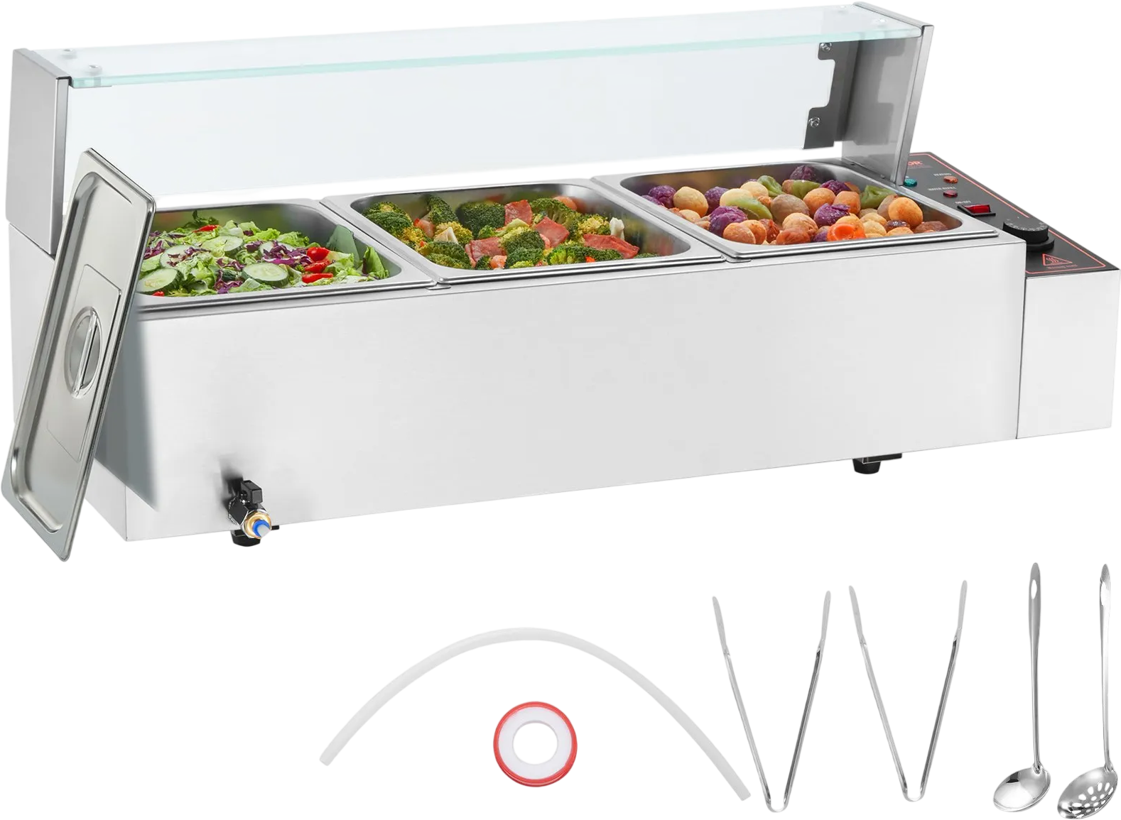 Vevor Commercial Food Warmer with Glass Cover 3 x 8 QT Pan Stainless Steel 1500W New