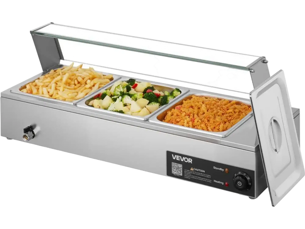 VEVOR Commercial Food Warmer, 1500W Electric Stainless Steel Steam Food Warmer with Glass Cover, Countertop Buffet Bain Marie with Three 1/2 Size Food Pans, for Catering, Restaurant, Party & Buffets