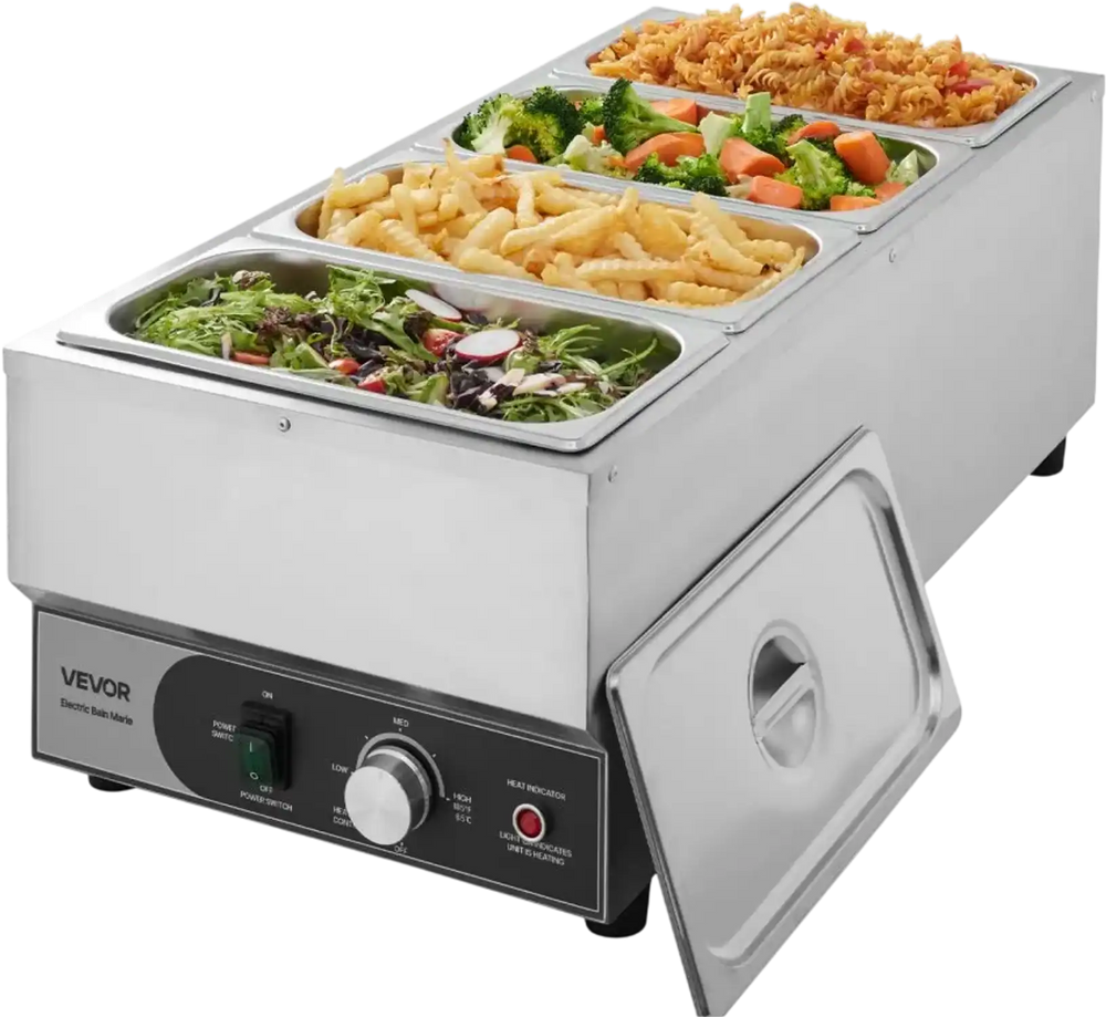 VEVOR Commercial Food Warmer, 1500W Electric Stainless Steel Steam Food Warmer, Fast Heating Countertop Buffet Bain Marie with Four 1/3 Size Food Pans, for Catering, Restaurants, Parties & Buffets