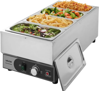 VEVOR Commercial Food Warmer, 1500W Electric Stainless Steel Steam Food Warmer, Fast Heating Countertop Buffet Bain Marie with Four 1/3 Size Food Pans, for Catering, Restaurants, Parties & Buffets