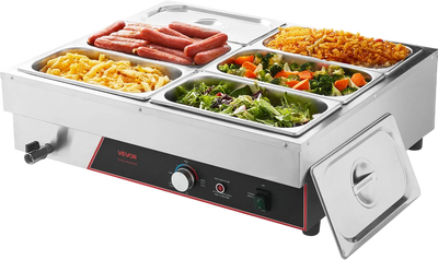 VEVOR Commercial Food Warmer, 1500W Electric Stainless Steel Steam Food Warming with Lid, 6-Pan Fast Heating Countertop Buffet Bain Marie with Power Cord, for Catering, Restaurant, Party & Buffets