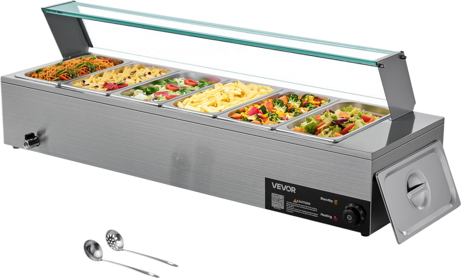VEVOR Commercial Food Warmer, 1500W Electric Stainless Steel Steam Food Warmer with Glass Cover, 6 x 1/3 Size Pans Buffet Bain Marie with Soup & Perforated Ladles, for Catering, Restaurant & Party