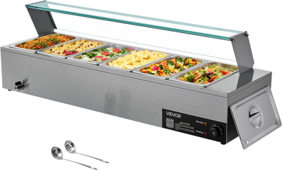 VEVOR Commercial Food Warmer, 1500W Electric Stainless Steel Steam Food Warmer with Glass Cover, 6 x 1/3 Size Pans Buffet Bain Marie with Soup & Perforated Ladles, for Catering, Restaurant & Party