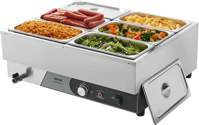 VEVOR Commercial Food Warmer, 1500W Electric Stainless Steel Steam Food Warming with Lid, Fast Heating Countertop Buffet Bain Marie with Six 1/3 Size Food Pans, for Catering, Restaurant and Party