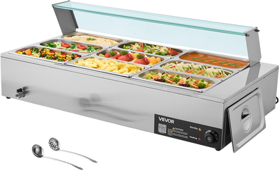 VEVOR Commercial Food Warmer, 1500W Electric Stainless Steel Steam Food Warmer with Glass Cover, 9-Pan Countertop Buffet Bain Marie with Soup & Perforated Ladles, for Catering, Restaurant & Party