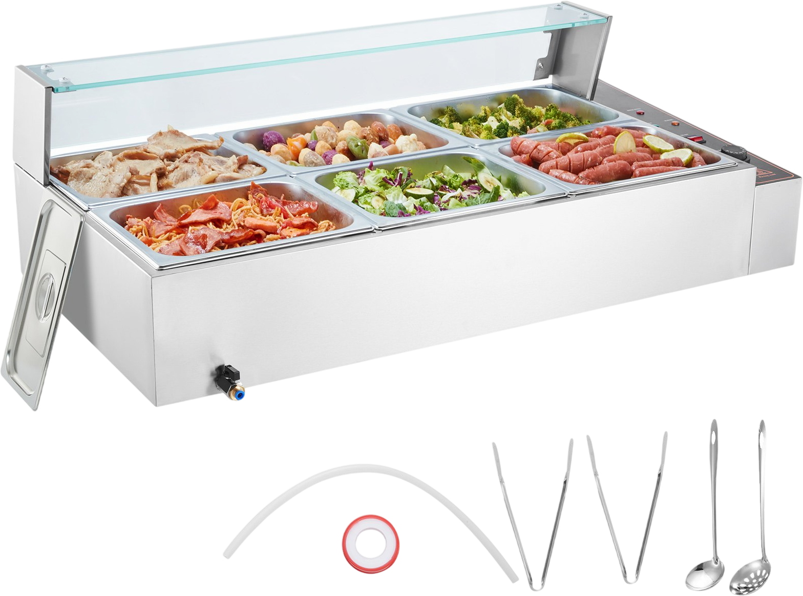 Vevor Commercial Food Warmer with Glass Cover 6 8 QT Pans Stainless Steel 1500W New