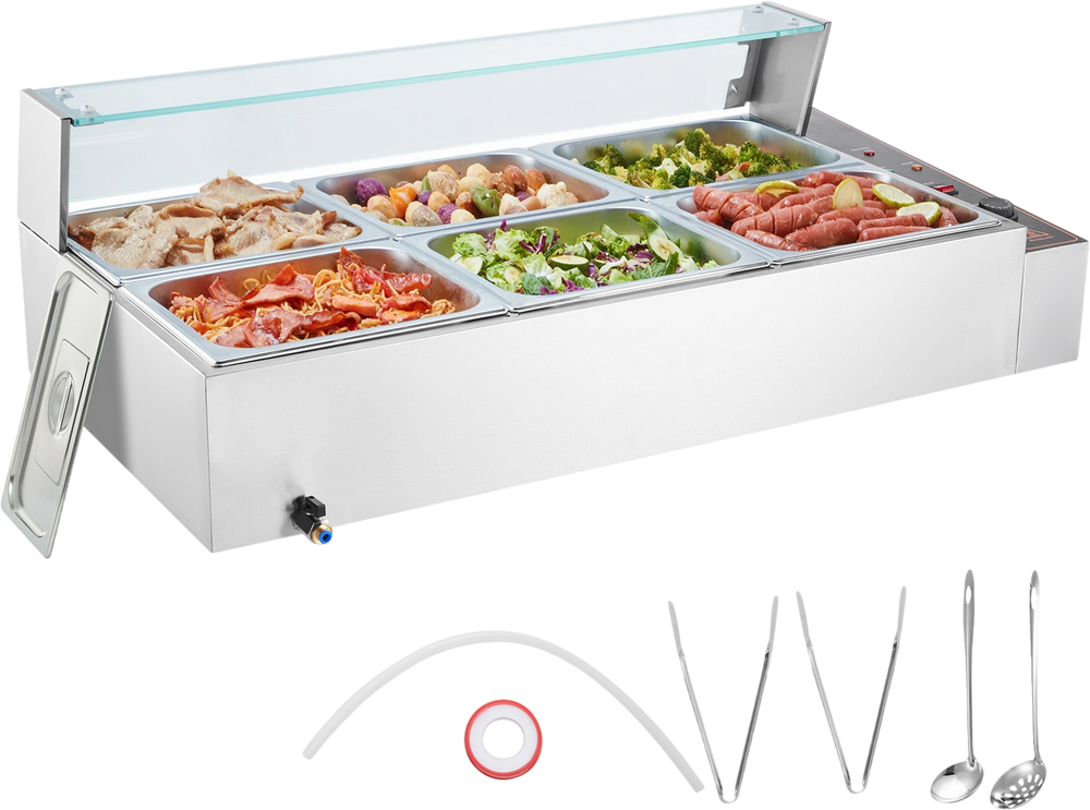 VEVOR 6-Pan Commercial Food Warmer, 6 x 8QT Electric Steam Table with Glass Cover, 1500W Countertop Stainless Steel Buffet Bain Marie 86-185°F Temp Control for Catering, Restaurants, Silver