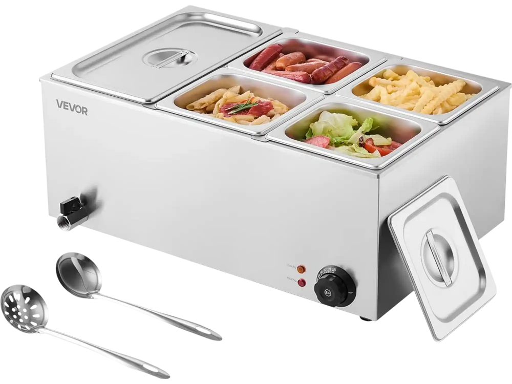 VEVOR 24QT Commercial Food Warmer, 5-Pan Electric Steam Table, 1200W Professional Countertop Stainless Steel Buffet Bain Marie with 86-185°F Temp Control for Catering, Buffet, Parties, Restaurants
