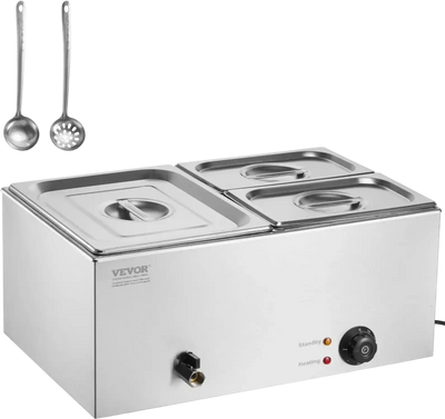 VEVOR 24QT Commercial Food Warmer, 3-Pan Electric Steam Table, 1200W Professional Countertop Stainless Steel Buffet Bain Marie with 86-185°F Temp Control for Catering, Buffet, Parties, Restaurants