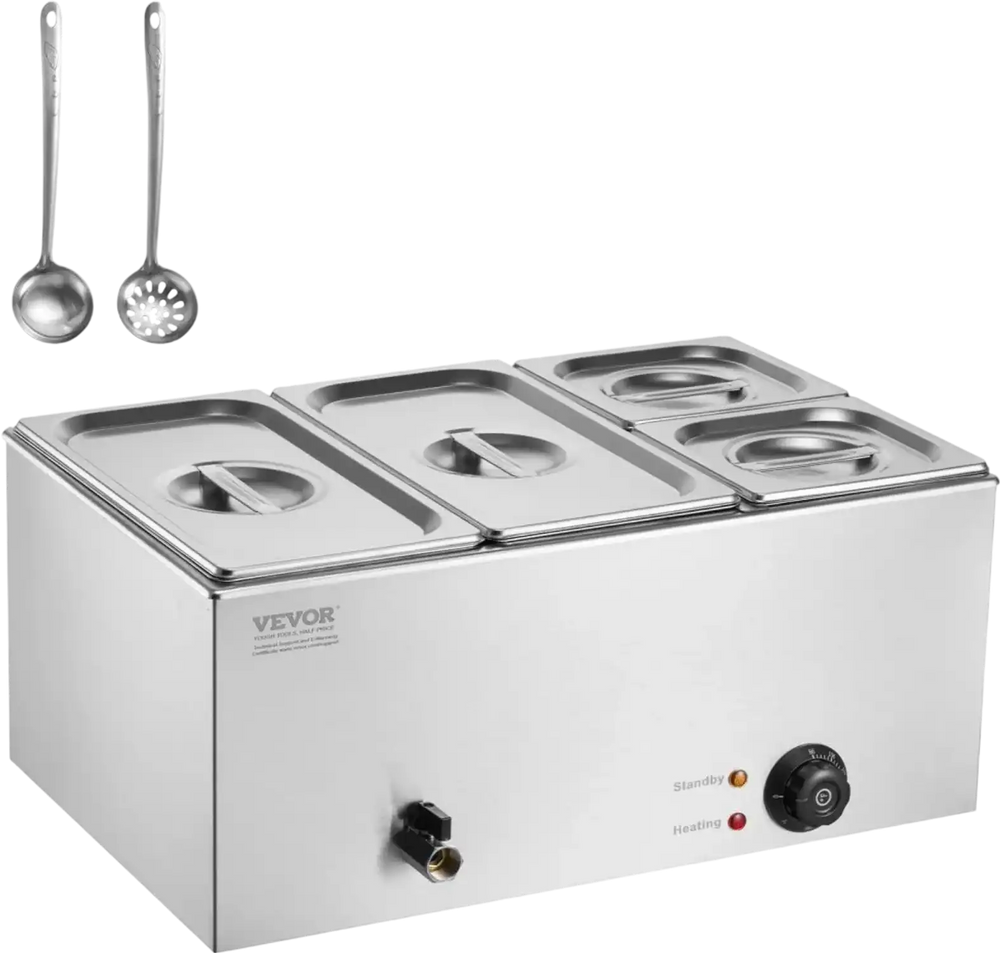 VEVOR 4-Pan Commercial Food Warmer, 16.4QT Electric Steam Table, 1200W Professional Countertop Stainless Steel Buffet Bain Marie with 86-185°F Temp Control for Catering and Restaurants, Silver