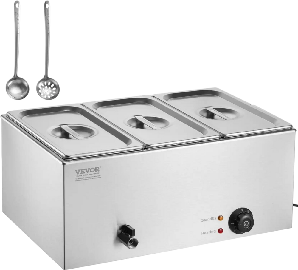 VEVOR 3-Pan Commercial Food Warmer, 17.4QT Electric Steam Table, 1200W Professional Countertop Stainless Steel Buffet Bain Marie with 86-185°F Temp Control for Catering and Restaurants, Silver