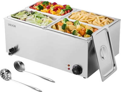 VEVOR 24QT Commercial Food Warmer, 4-Pan Electric Steam Table, 1200W Professional Countertop Stainless Steel Buffet Bain Marie with 86-185°F Temp Control for Catering, Buffet, Parties, Restaurants