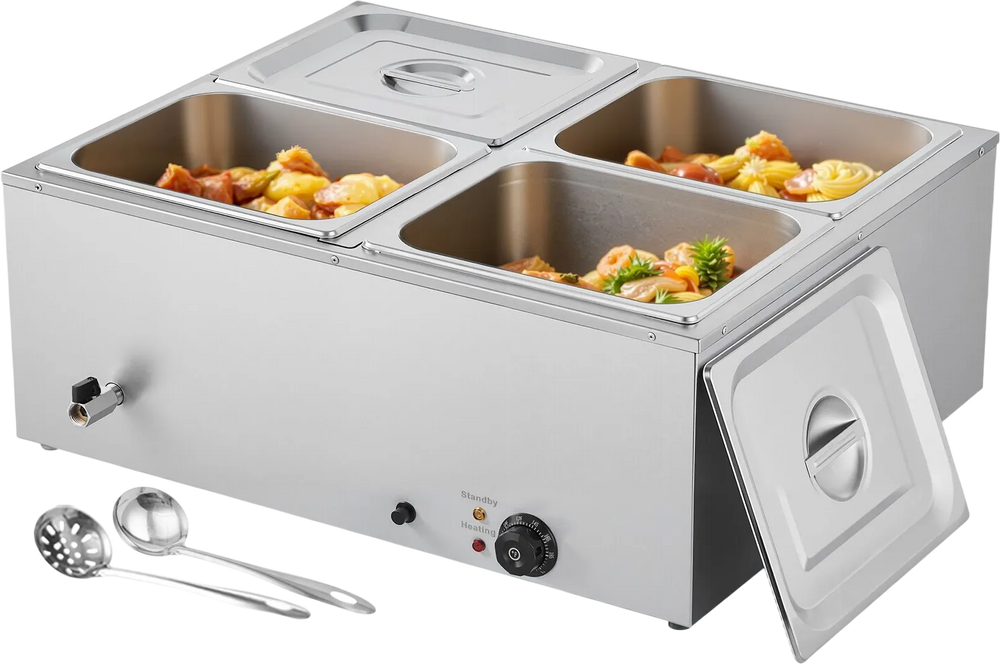 VEVOR Commercial Food Warmer, 1500W Electric Stainless Steel Steam Food Warmer with Lid, 4-Pan Fast Heating Countertop Buffet Bain Marie with Soup & Perforated Ladles, for Catering, Restaurant, Party