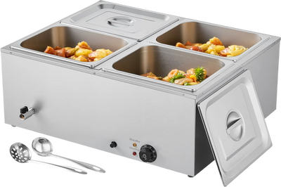 VEVOR Commercial Food Warmer, 1500W Electric Stainless Steel Steam Food Warmer with Lid, 4-Pan Fast Heating Countertop Buffet Bain Marie with Soup & Perforated Ladles, for Catering, Restaurant, Party