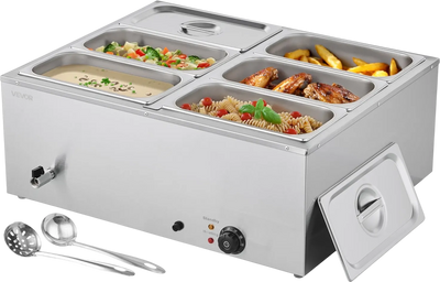 VEVOR Commercial Food Warmer, 1500W Electric Stainless Steel Steam Food Warmer with Lid, 6-Pan Fast Heating Countertop Buffet Bain Marie with Soup & Perforated Ladles, for Catering, Restaurant, Party