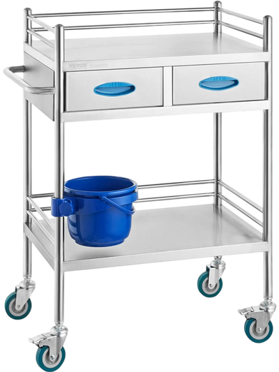 VEVOR Lab Serving Cart, 2 Layers Stainless Steel Utility Rolling Cart, Medical Cart with Two Drawers, Dental Utility Cart with Lockable Wheels and A Bucket, for Laboratory, Hospital, Dental Use