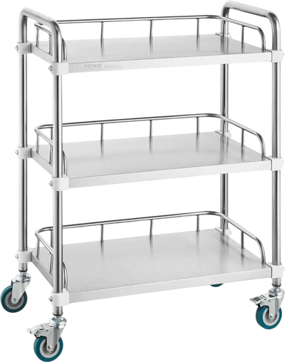 Vevor Lab Rolling Cart 3-Shelf Stainless Steel Utility Trolley with Swivel Casters 26.38