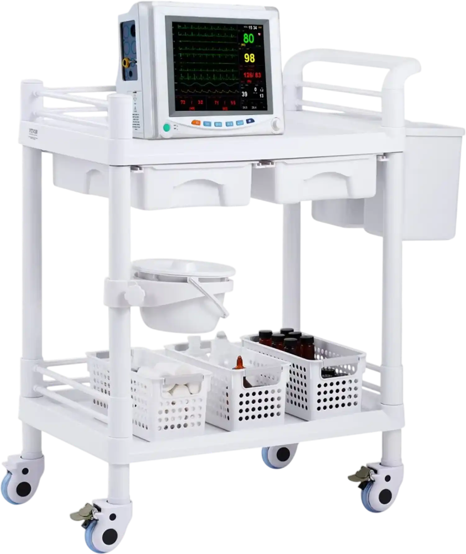 Vevor Lab Cart 2-Tier Mobile Medical Utility Cart with 2 Trays, 2 Drawers & 3 Trash Cans White New