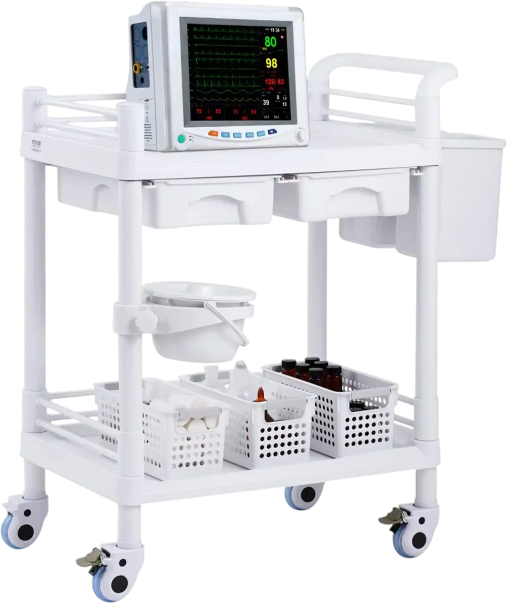 VEVOR 2 Tiers Lab Carts, Lab Utility Cart with 2 Trays, 2 Drawers & 4 Silent Wheels, Mobile Medical Cart with PP Material, Lab Rolling Cart with 3 Trash Cans for Lab, Clinic, Hospital, Salon, White