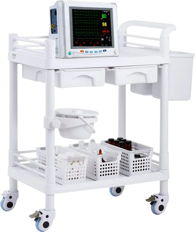 Vevor Lab Cart 2-Tier Mobile Medical Utility Cart with 2 Trays, 2 Drawers & 3 Trash Cans White New
