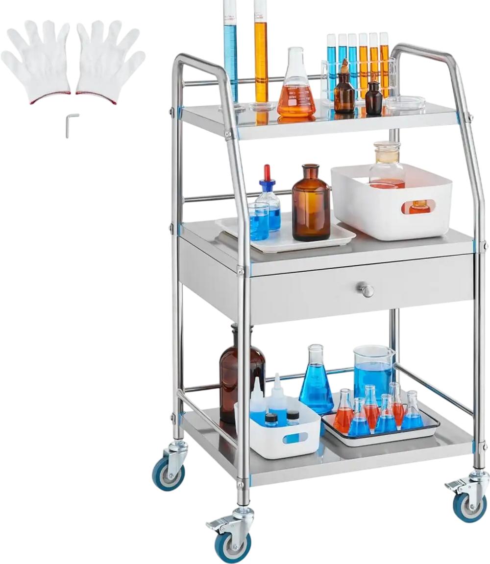 VEVOR Service Cart, 3 Layers Stainless Steel Utility Rolling Cart, Medical Cart with Drawer, Dental Utility Cart with Lockable Wheels, Ideal for Laboratory, Hospital, Dental Use