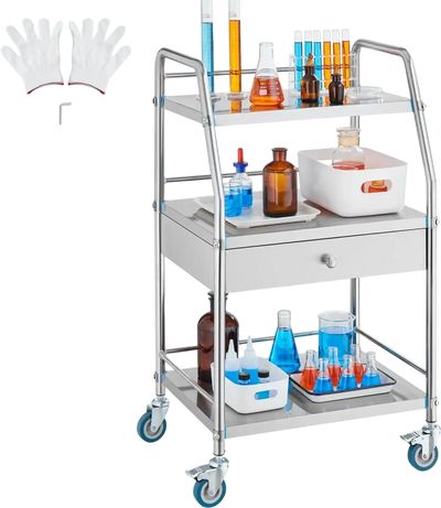 Vevor Laboratory Cart 3-Tier Stainless Steel Utility Rolling Cart with Drawer New