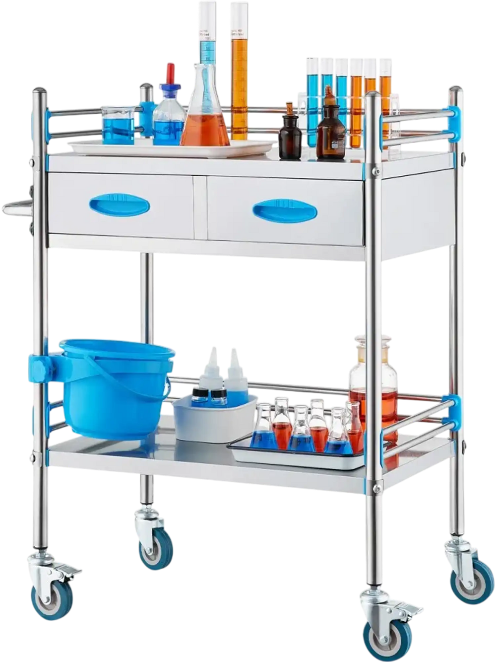 VEVOR Service Cart, 2 Layers Stainless Steel Utility Rolling Cart, Medical Cart with Two Drawers, Dental Utility Cart with Lockable Wheels and A Bucket, Ideal for Laboratory, Hospital, Dental Use