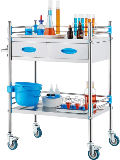 VEVOR Service Cart, 2 Layers Stainless Steel Utility Rolling Cart, Medical Cart with Two Drawers, Dental Utility Cart with Lockable Wheels and A Bucket, Ideal for Laboratory, Hospital, Dental Use