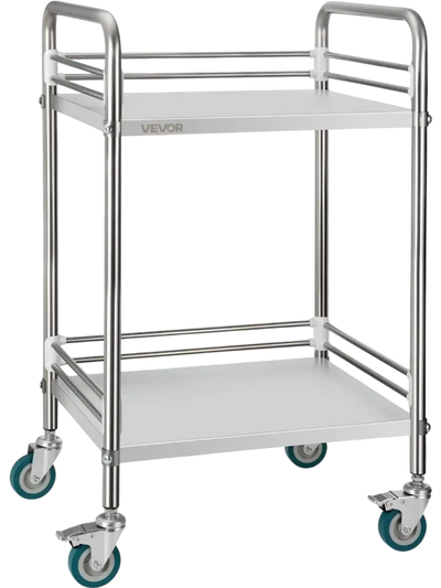 Vevor Lab Cart 2-Tier Stainless Steel Rolling Utility Cart with Lockable Wheels New
