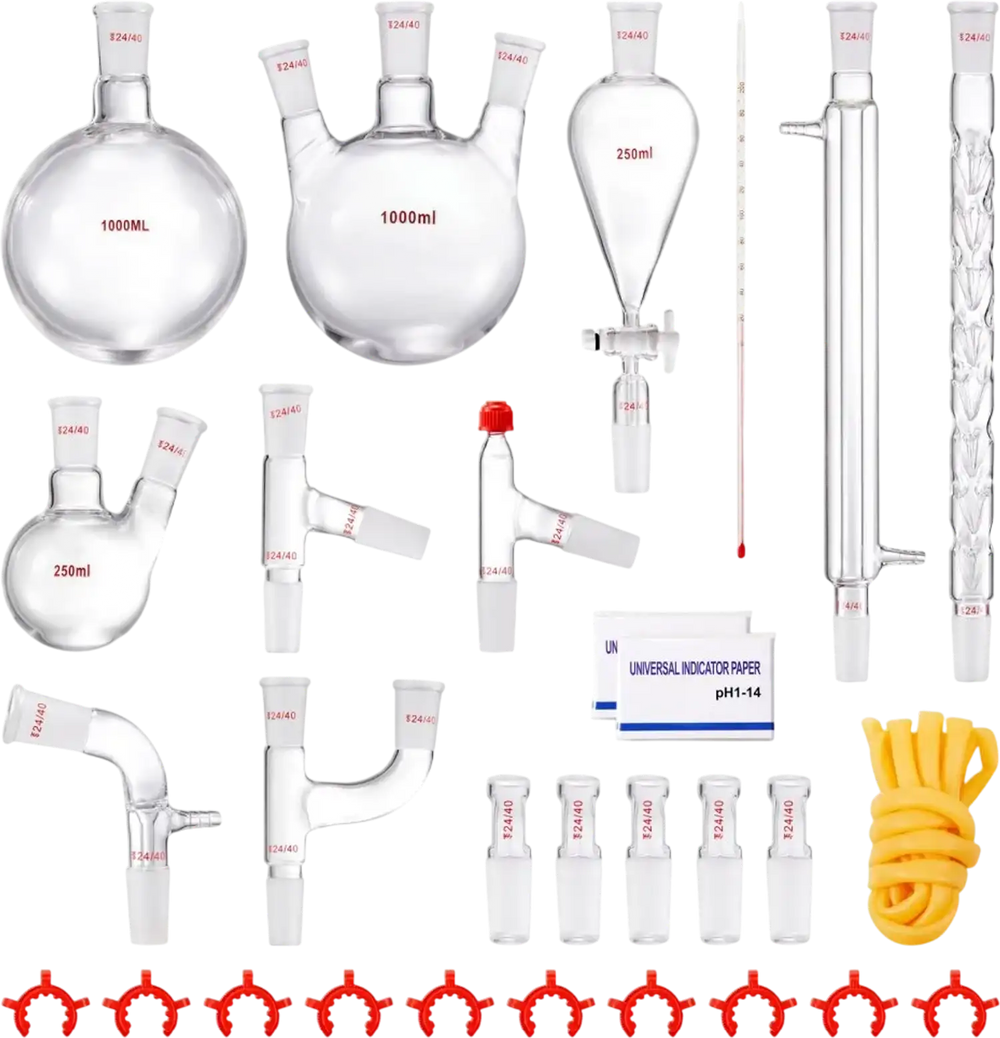 VEVOR Lab Distillation Kit, 3.3 Boro Lab Glassware Distillation Kit with 24, 40 Joint, 1000ml Essential Oil Distillation Apparatus Kit, 29 pcs Set of Glassware Equipment