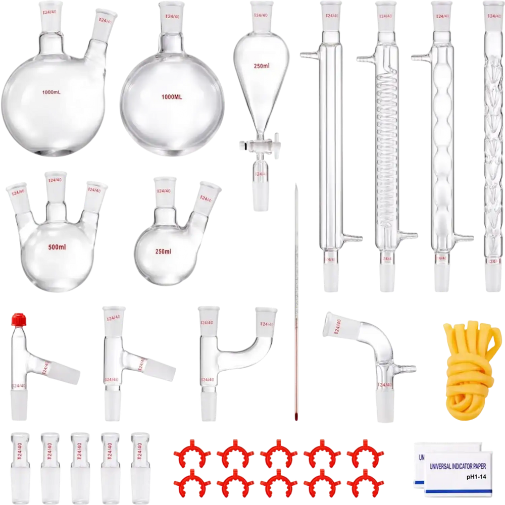 VEVOR Lab Distillation Kit, 3.3 Boro Lab Glassware Distillation Kit with 24, 40 Joint, 1000ml Essential Oil Distillation Apparatus Kit, 32 pcs Set of Glassware Equipment
