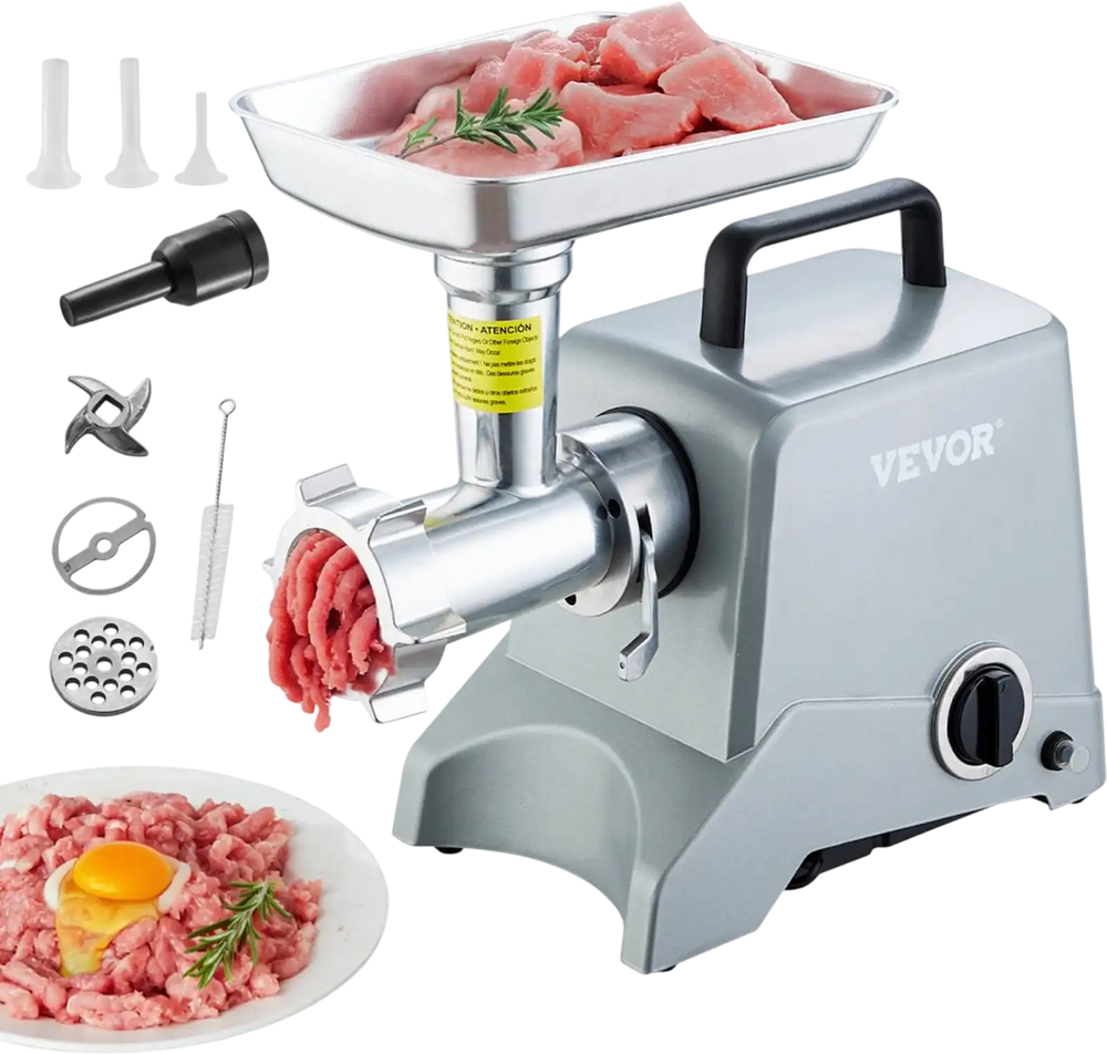 VEVOR Electric Meat Grinder, 5 Lb/Min Capacity, 575W（800W MAX) Industrial Meat Mincer with Blade, Grinding Plate, Sausage Stuffing Blade and 3 Tubes, Aluminum Commercial Meat Grinder