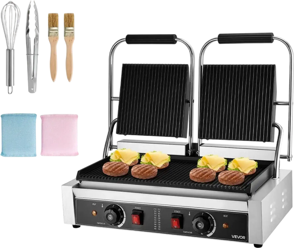 VEVOR Commercial Panini Grill, 3600W Electric Sandwich Panini Maker, Stainless Steel Double Sandwichs Press with Handle and Temp Control, 19x9 in Full Grooved Enamel Plate, for Hamburger Steak Bacon