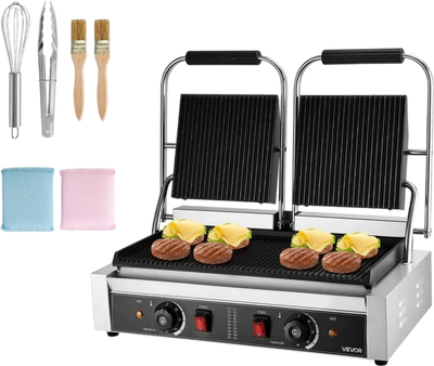 VEVOR Commercial Panini Grill, 3600W Electric Sandwich Panini Maker, Stainless Steel Double Sandwichs Press with Handle and Temp Control, 19x9 in Full Grooved Enamel Plate, for Hamburger Steak Bacon