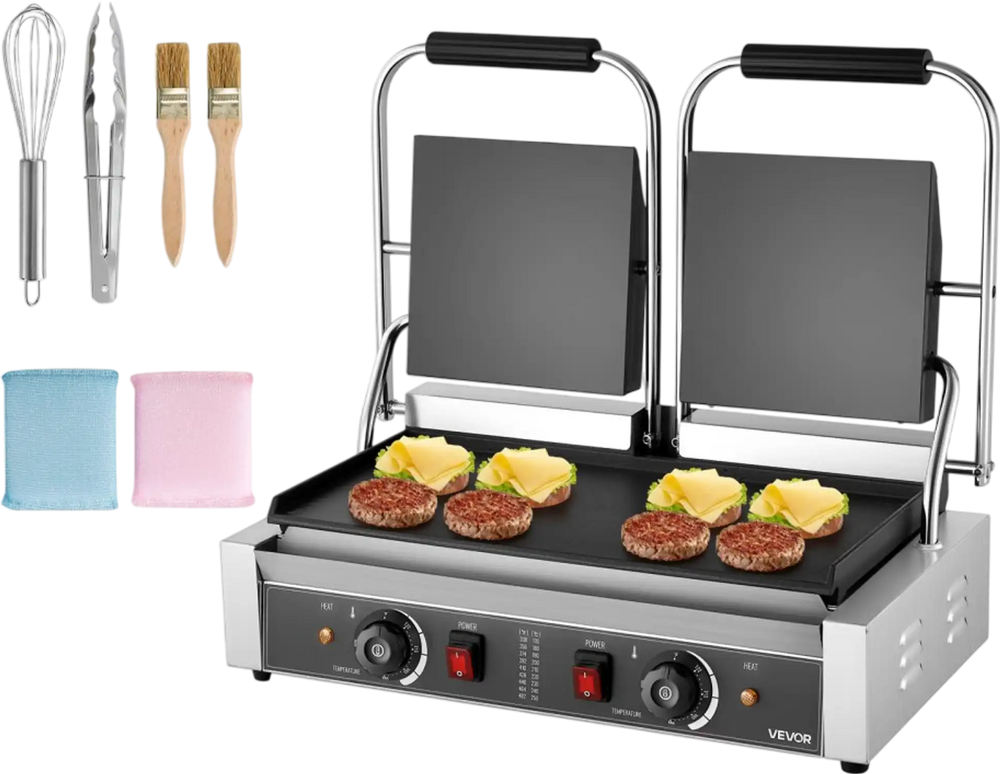 VEVOR Commercial Panini Grill, 3600W Electric Sandwich Panini Maker, Stainless Steel Double Sandwichs Press with Handle and Temp Control, 19x9 in Full Flat Enamel Plate, for Hamburger Steak Bacon