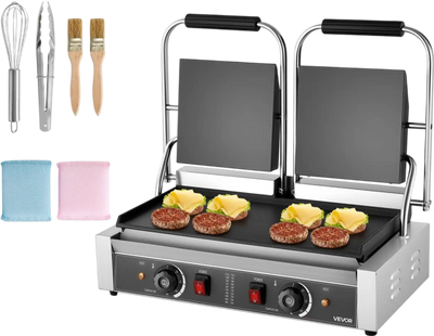 VEVOR Commercial Panini Grill, 3600W Electric Sandwich Panini Maker, Stainless Steel Double Sandwichs Press with Handle and Temp Control, 19x9 in Full Flat Enamel Plate, for Hamburger Steak Bacon
