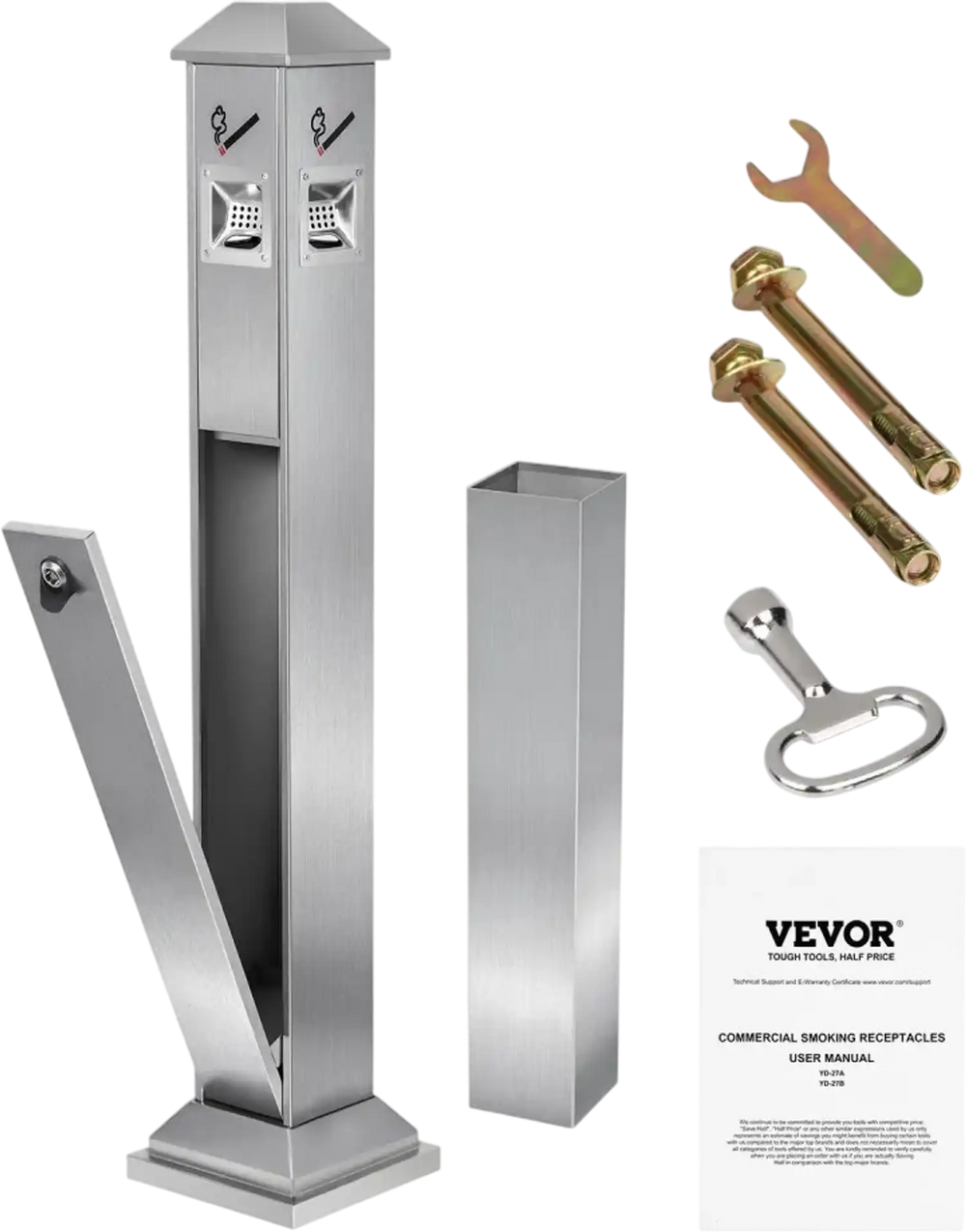 VEVOR Cigarette Butt Receptacle, Square Cigarette Butt Container with 4 Disposal Openings & Top Cover, Stainless Steel Outdoor Cigarette Butt Disposal for Garden, Office, Restaurant, Hotel, Silver