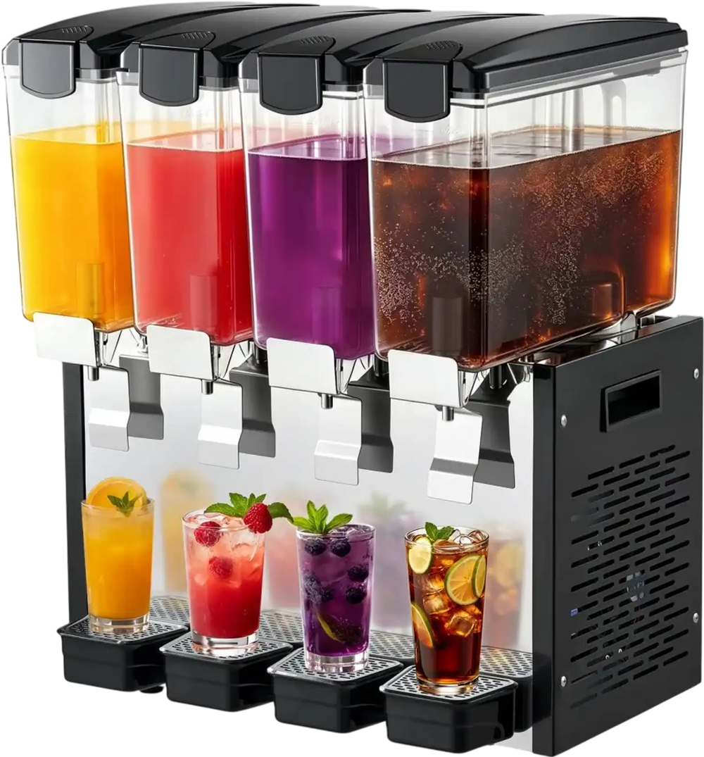 VEVOR Commercial Beverage Dispenser 4 Tanks 10 L / 10.6 QT Per Tank, Stainless Steel Juice Dispenser, Ice Tea Drink Machine with 45℉ to 54℉ Cooling Temperature, for Cold Drink Restaurant Bar Party