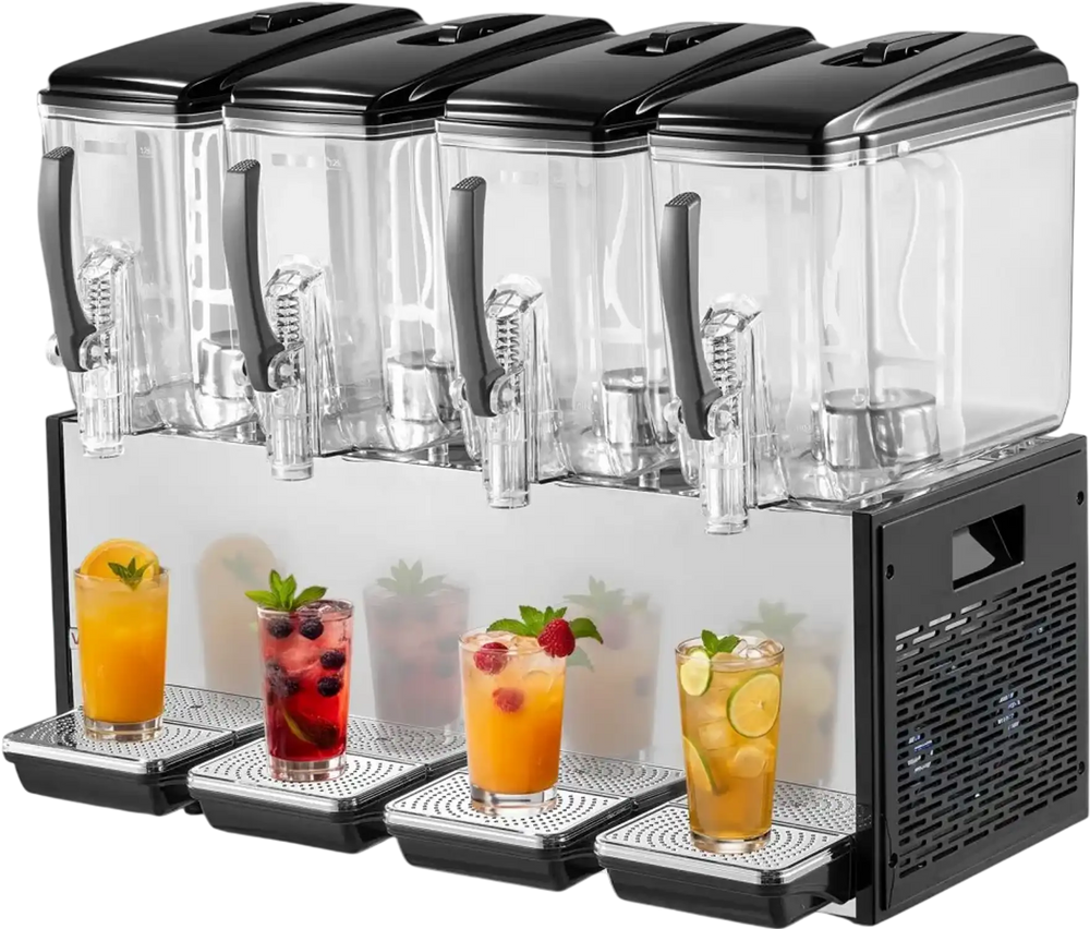 VEVOR Commercial Beverage Dispenser 4 Tanks 12 L / 12.7 QT Per Tank, Stainless Steel Juice Dispenser, Ice Tea Drink Machine with 45℉ to 54℉ Cooling Temperature, for Cold Drink Restaurant Bar Party